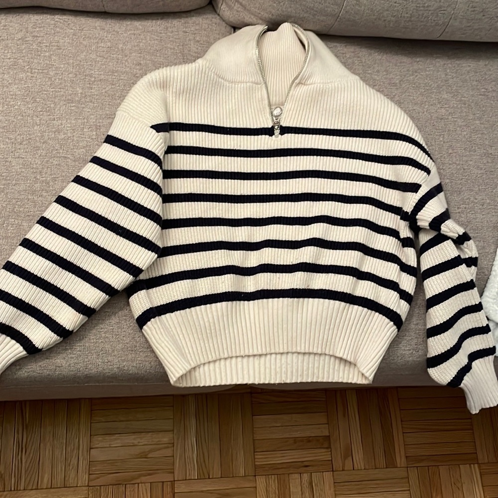 Navy and white half zip sweater